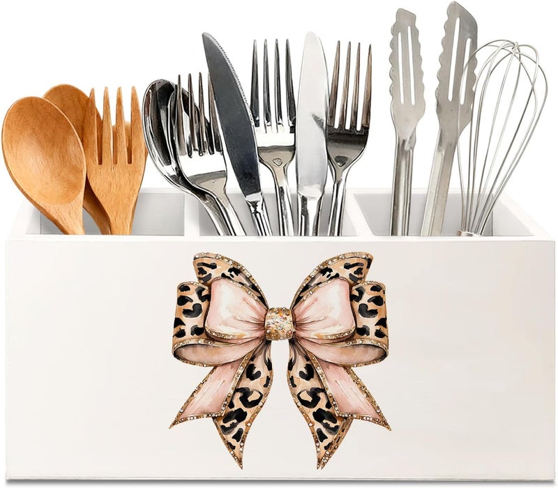 KBRCT Pink Leopard Print Bow Wooden Utensils Holder, Glitter Coquette Cheetah Print Bow Wood Cooking Utensil Holder Organizer for Kitchen Countertop Counter Decor - Image 1